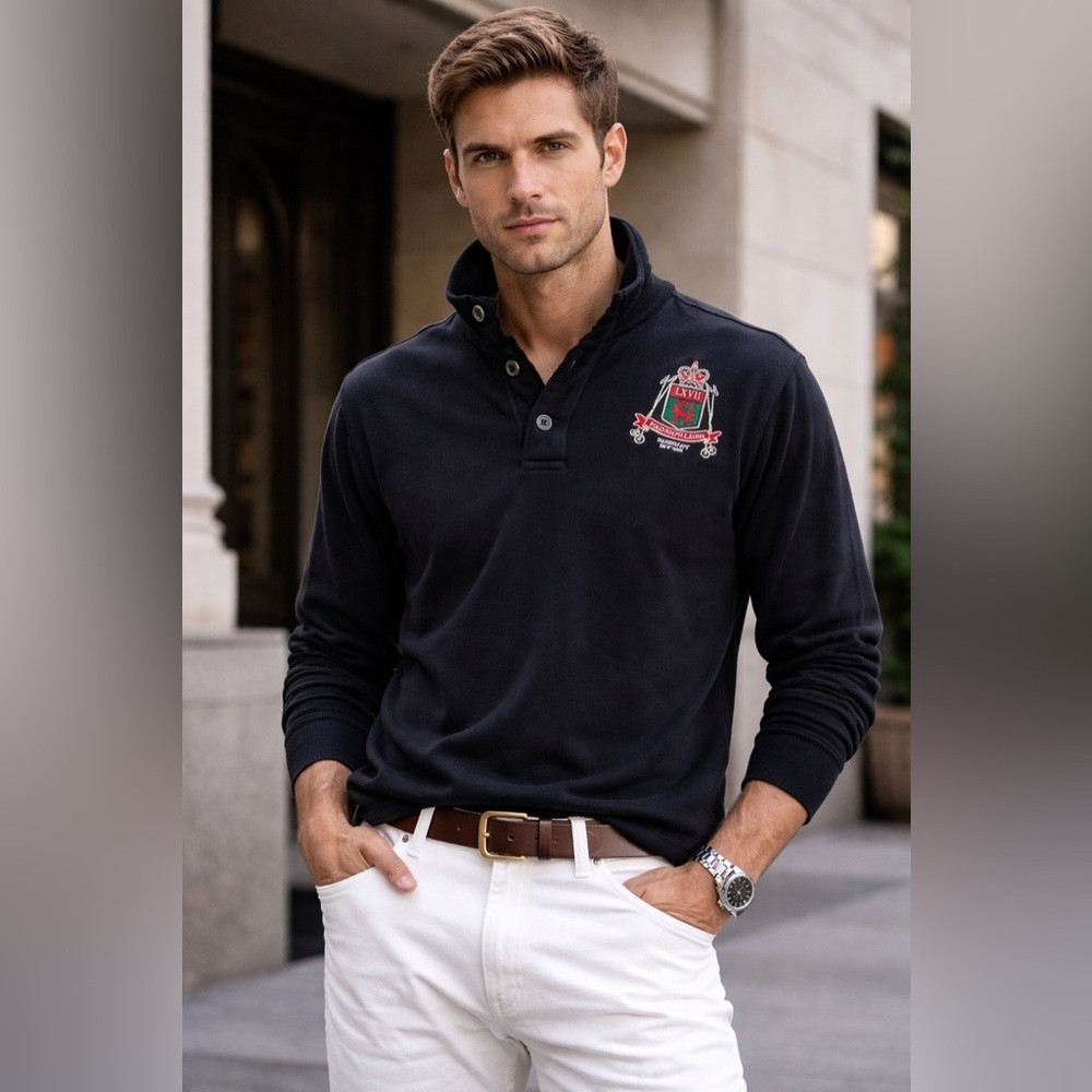 Vintage Polo Ralph Lauren Mens XL Black Cotton Pullover Madison Ave Crested Logo